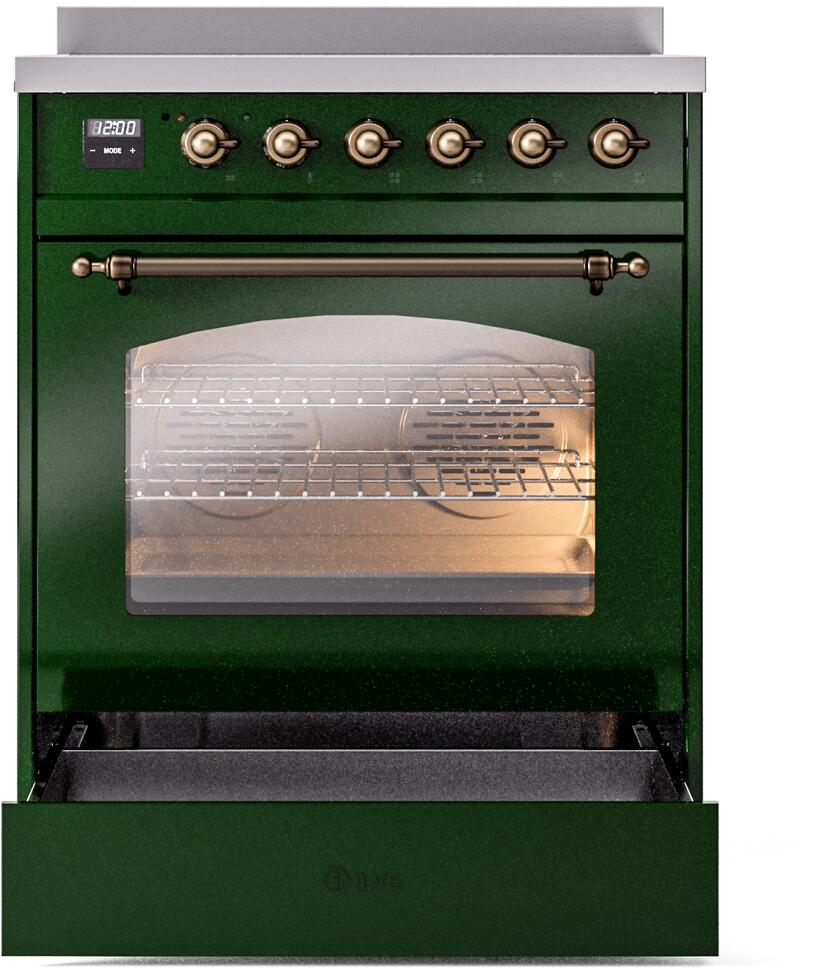 ILVE Nostalgie II 30-Inch Freestanding Electric Induction Range in Emerald Green with Bronze Trim (UPI304NMPEGB)