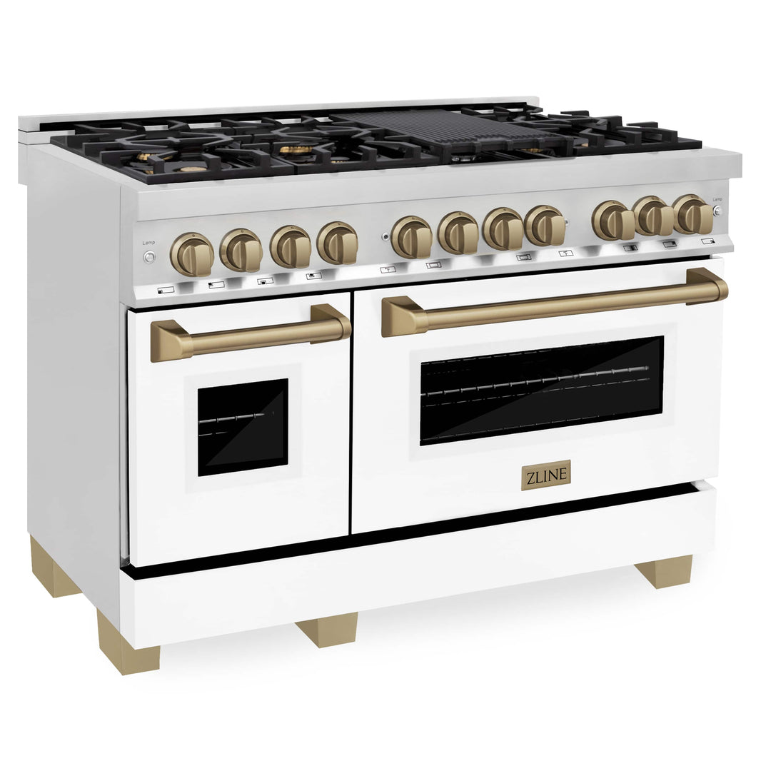 ZLINE Autograph Edition 3-Piece Appliance Package - 48" Dual Fuel Range, Wall Mounted Range Hood, & 24" Tall Tub Dishwasher in Stainless Steel and White Door with Champagne Bronze Trim (3AKP-RAWMRHDWM48-CB)