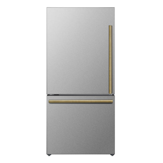 Forno Milano Espresso 31-Inch 17.2 cu. ft. Refrigerator and Bottom Freezer in Stainless Steel with Antique Brass Handle, Left Hinge (FFFFD1786-31S)