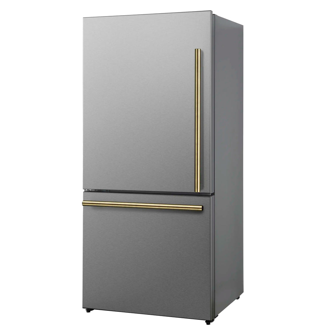 Forno Milano Espresso 31-Inch 17.2 cu. ft. Refrigerator and Bottom Freezer in Stainless Steel with Antique Brass Handle, Left Hinge (FFFFD1786-31S)