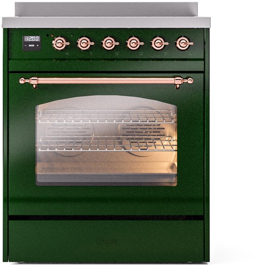 ILVE Nostalgie II 30-Inch Freestanding Electric Induction Range in Emerald Green with Copper Trim (UPI304NMPEGP)