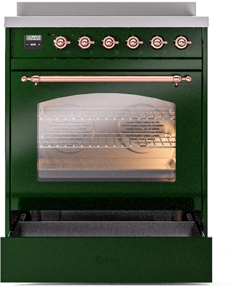 ILVE Nostalgie II 30-Inch Freestanding Electric Induction Range in Emerald Green with Copper Trim (UPI304NMPEGP)