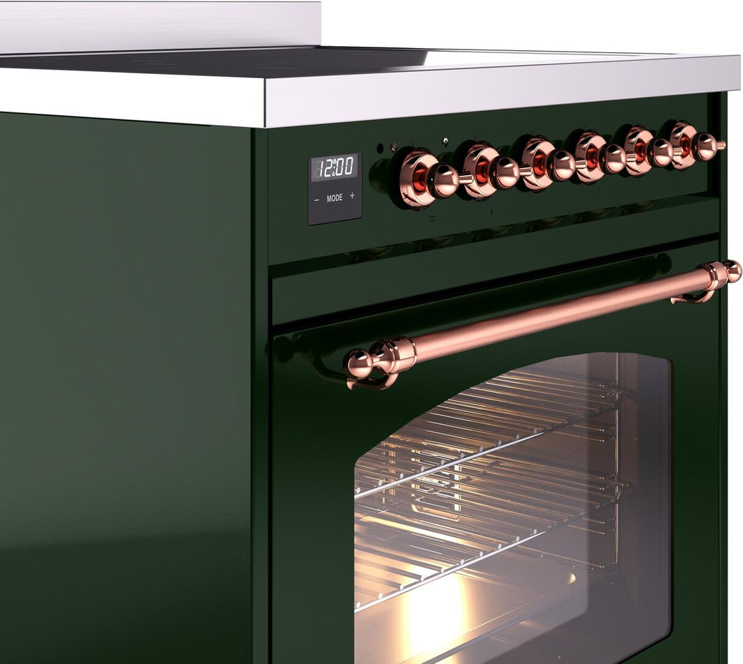 ILVE Nostalgie II 30-Inch Freestanding Electric Induction Range in Emerald Green with Copper Trim (UPI304NMPEGP)