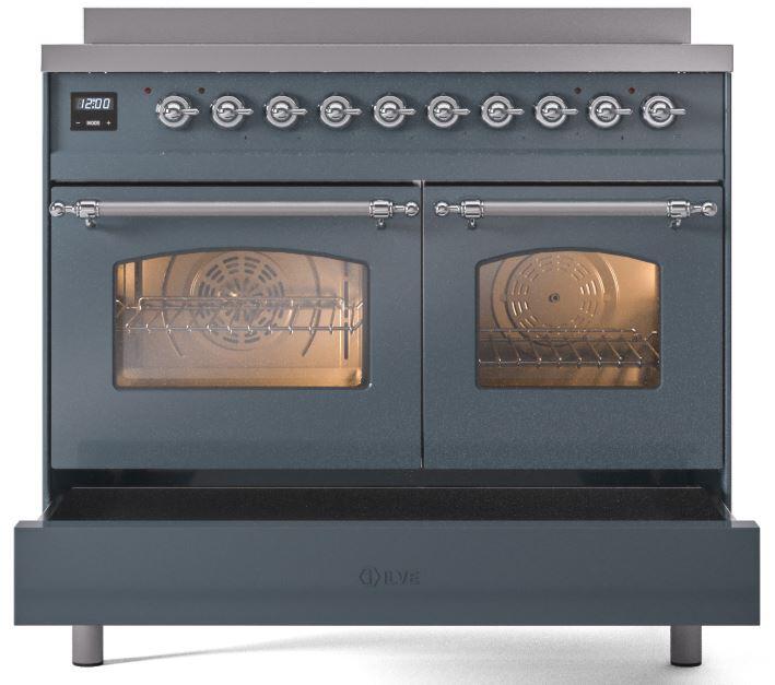 ILVE Nostalgie II 40-Inch Freestanding Electric Induction Range in Blue Grey with Chrome Trim (UPDI406NMPBGC)