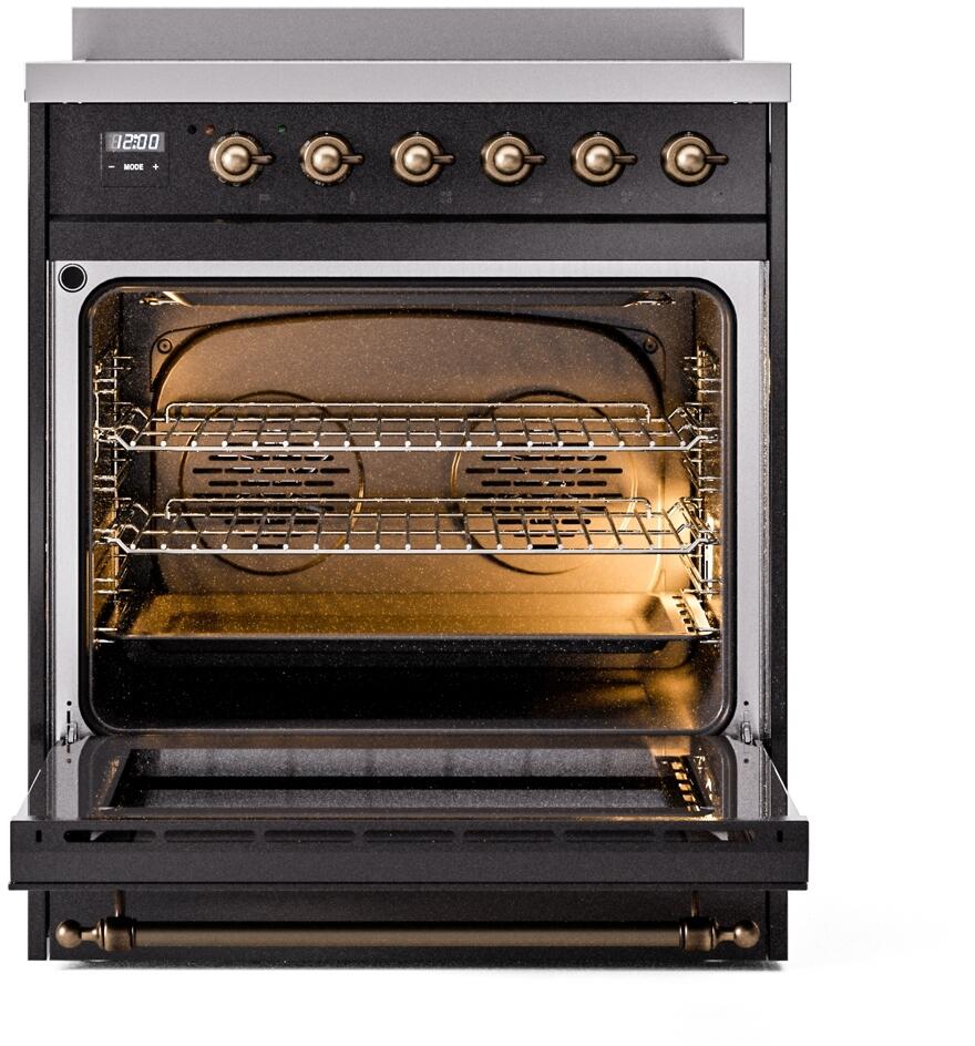 ILVE Nostalgie II 30-Inch Freestanding Electric Induction Range in Glossy Black with Bronze Trim (UPI304NMPBKB)