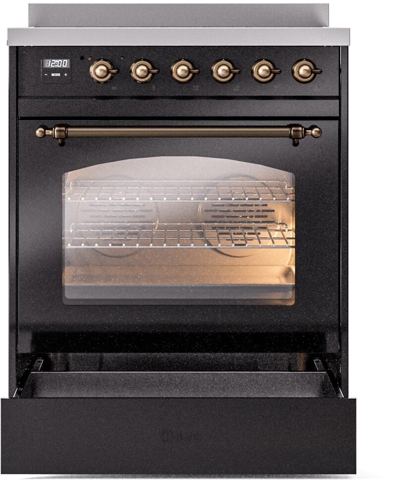 ILVE Nostalgie II 30-Inch Freestanding Electric Induction Range in Glossy Black with Bronze Trim (UPI304NMPBKB)