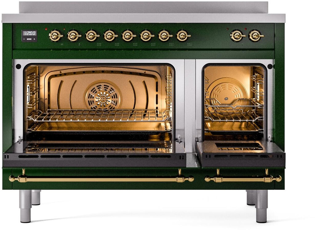 ILVE Nostalgie II 48-Inch Freestanding Electric Induction Range in Emerald Green with Brass Trim (UPI486NMPEGG)