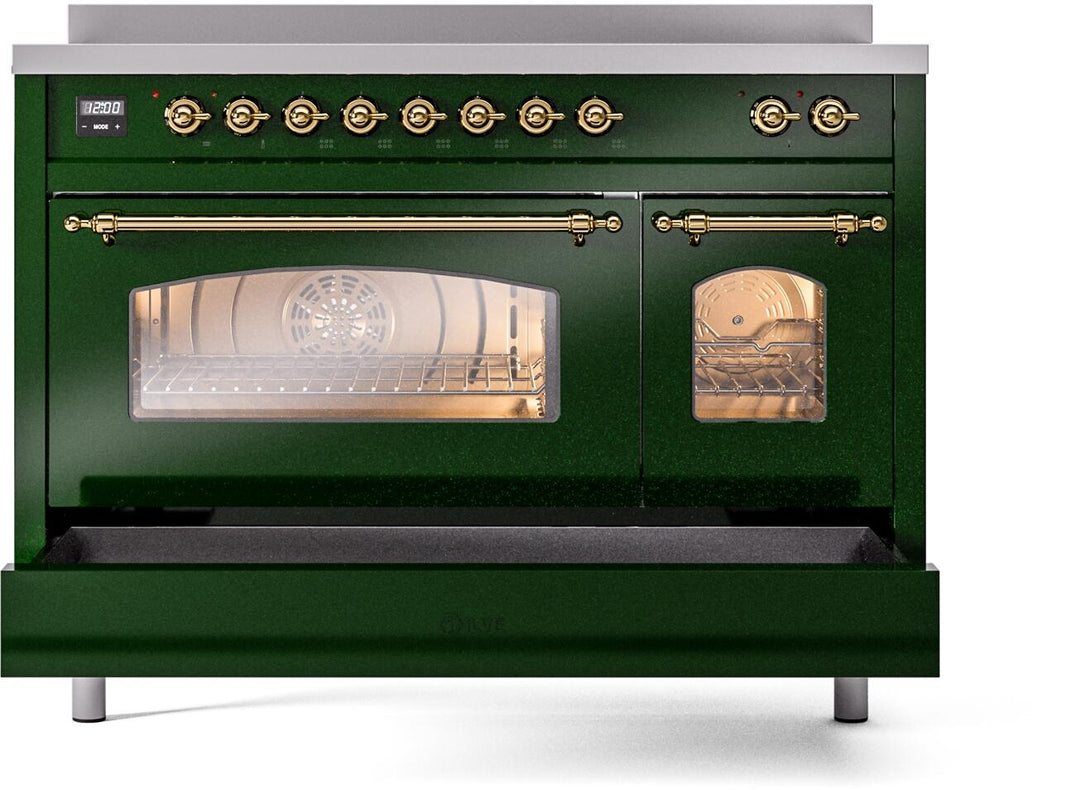 ILVE Nostalgie II 48-Inch Freestanding Electric Induction Range in Emerald Green with Brass Trim (UPI486NMPEGG)