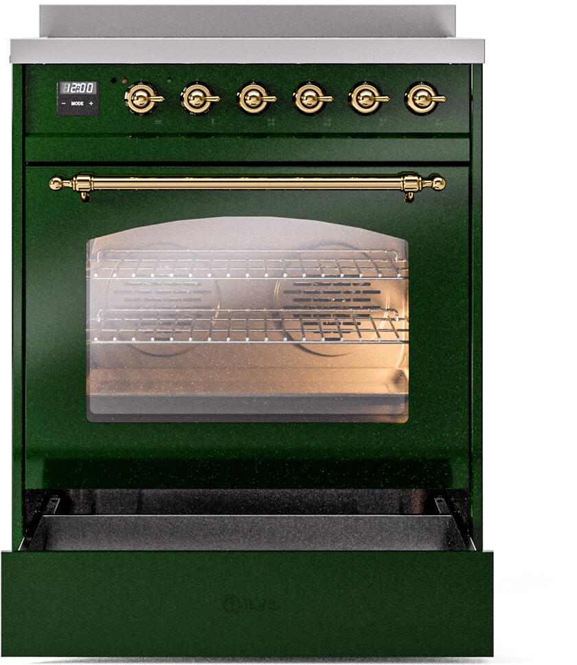 ILVE Nostalgie II 30-Inch Freestanding Electric Induction Range in Emerald Green with Brass Trim (UPI304NMPEGG)