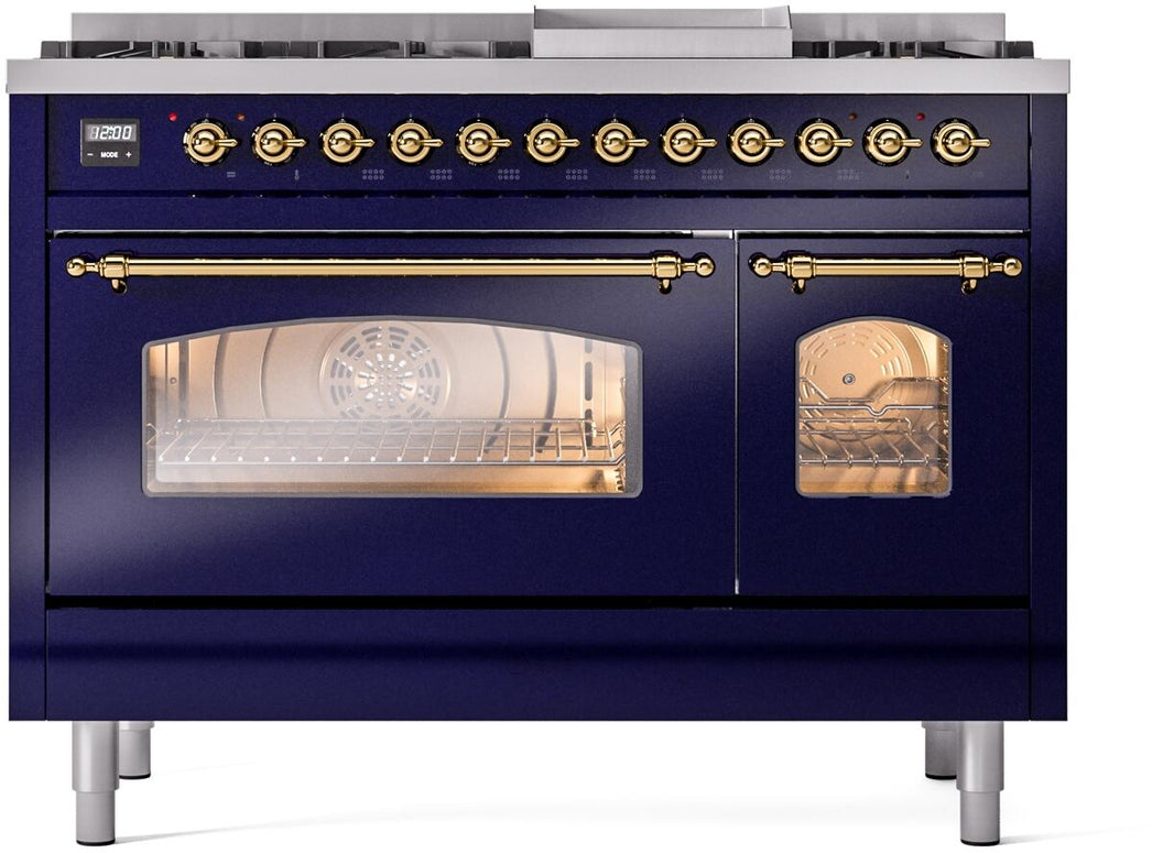 ILVE Nostalgie II 48-Inch Dual Fuel Freestanding Range in Midnight Blue with Brass Trim (UP48FNMPMBG)