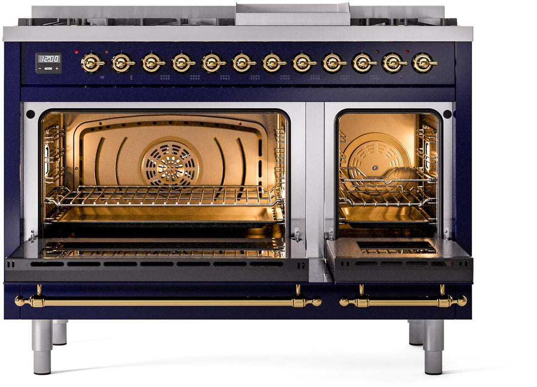 ILVE Nostalgie II 48-Inch Dual Fuel Freestanding Range in Midnight Blue with Brass Trim (UP48FNMPMBG)