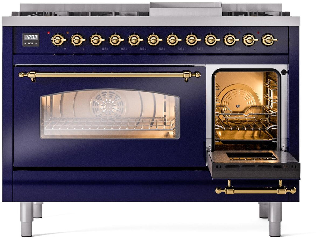 ILVE Nostalgie II 48-Inch Dual Fuel Freestanding Range in Midnight Blue with Brass Trim (UP48FNMPMBG)