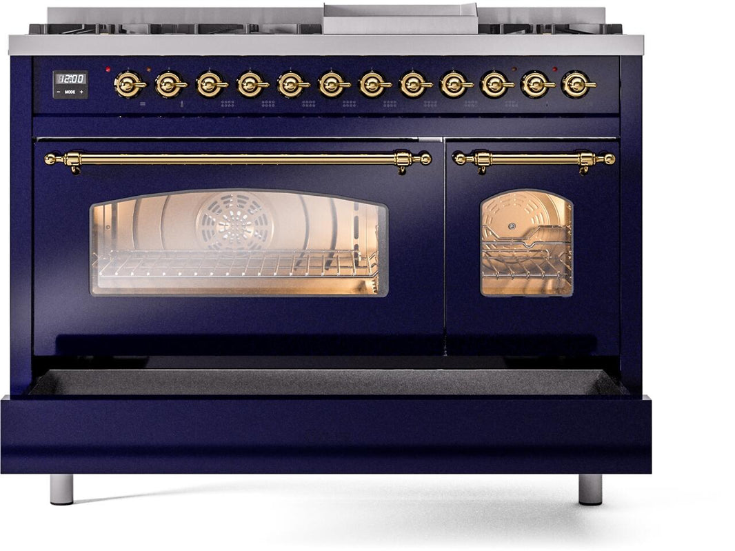 ILVE Nostalgie II 48-Inch Dual Fuel Freestanding Range in Midnight Blue with Brass Trim (UP48FNMPMBG)