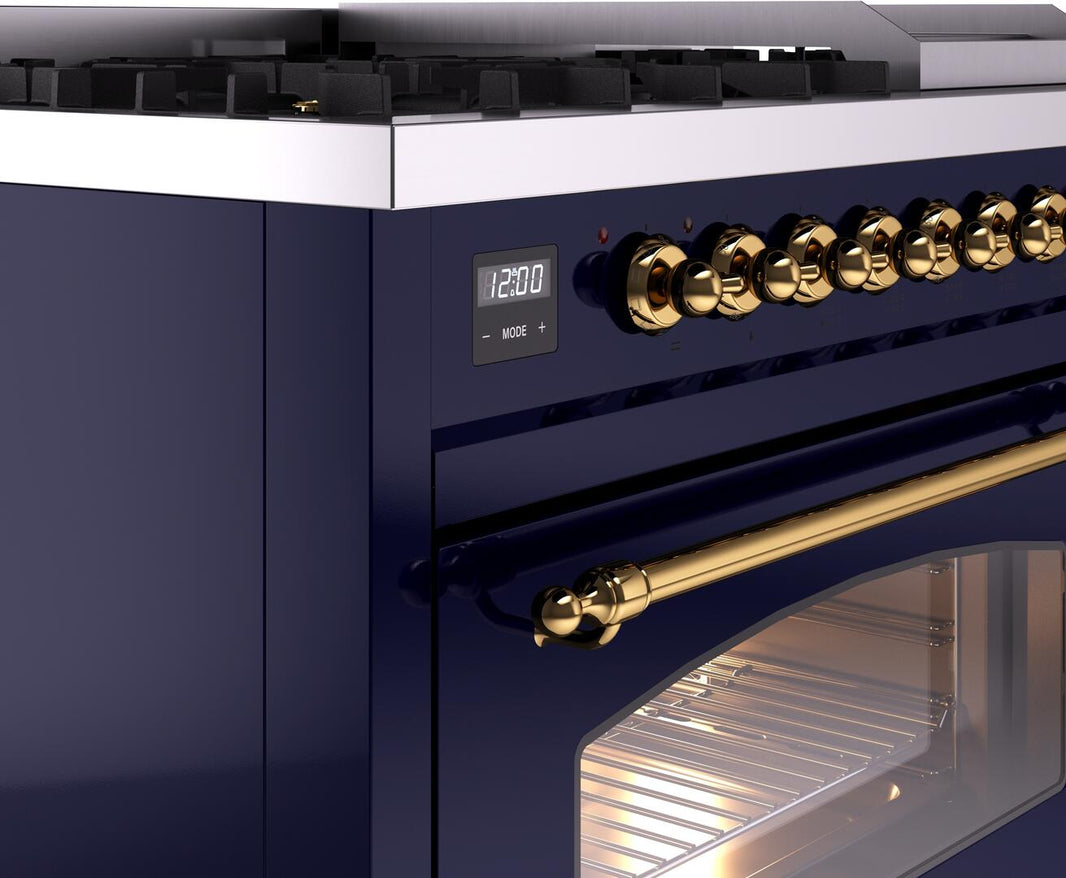 ILVE Nostalgie II 48-Inch Dual Fuel Freestanding Range in Midnight Blue with Brass Trim (UP48FNMPMBG)