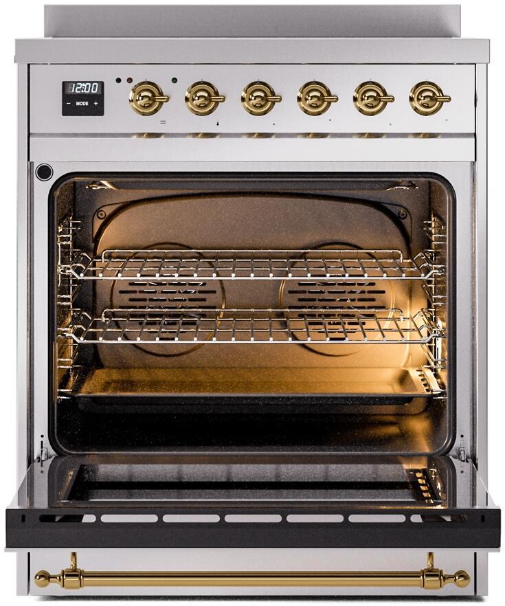 ILVE Nostalgie II 30-Inch Freestanding Electric Induction Range in Stainless Steel with Brass Trim (UPI304NMPSSG)