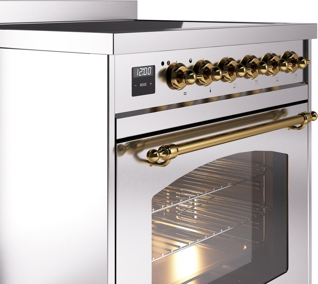 ILVE Nostalgie II 30-Inch Freestanding Electric Induction Range in Stainless Steel with Brass Trim (UPI304NMPSSG)