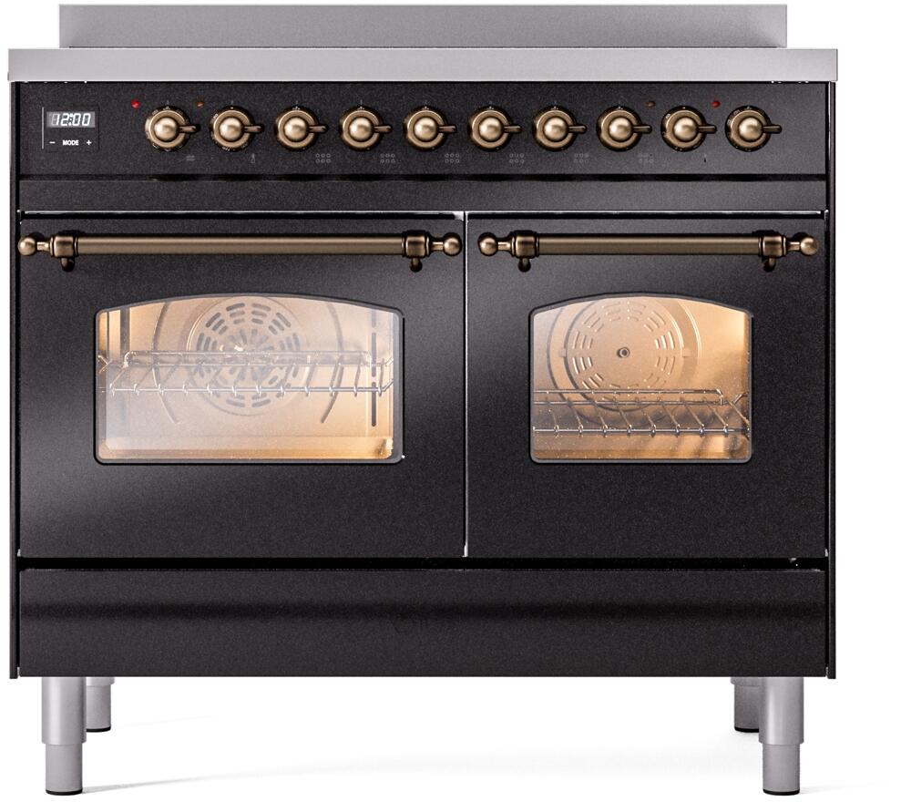 ILVE Nostalgie II 40-Inch Freestanding Electric Induction Range in Glossy Black with Bronze Trim (UPDI406NMPBKB)