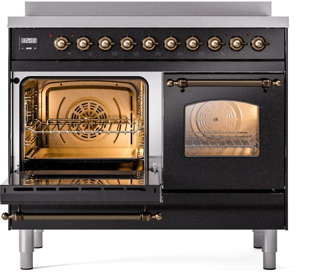 ILVE Nostalgie II 40-Inch Freestanding Electric Induction Range in Glossy Black with Bronze Trim (UPDI406NMPBKB)