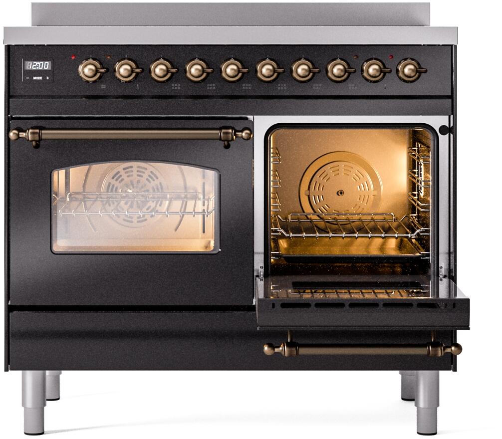 ILVE Nostalgie II 40-Inch Freestanding Electric Induction Range in Glossy Black with Bronze Trim (UPDI406NMPBKB)