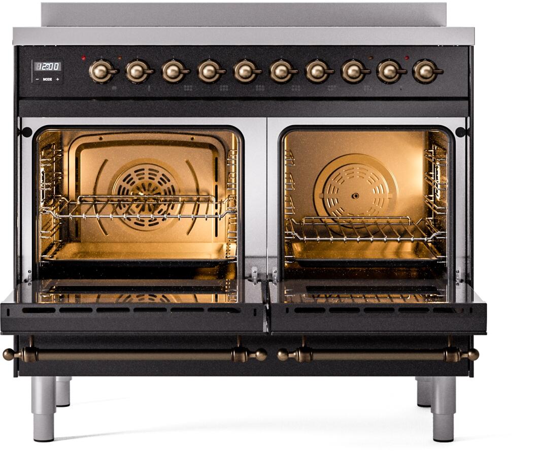 ILVE Nostalgie II 40-Inch Freestanding Electric Induction Range in Glossy Black with Bronze Trim (UPDI406NMPBKB)