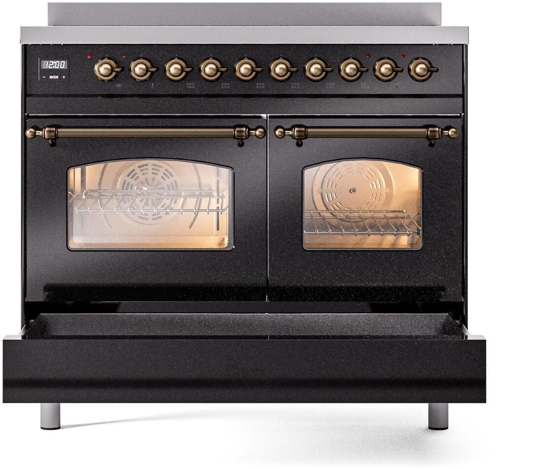 ILVE Nostalgie II 40-Inch Freestanding Electric Induction Range in Glossy Black with Bronze Trim (UPDI406NMPBKB)