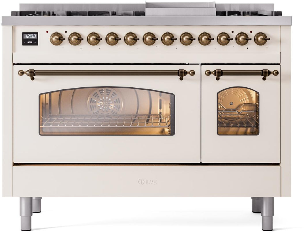 ILVE Nostalgie II 48-Inch Dual Fuel Freestanding Range in Antique White with Bronze Trim (UP48FNMPAWB)