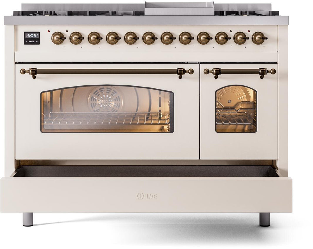 ILVE Nostalgie II 48-Inch Dual Fuel Freestanding Range in Antique White with Bronze Trim (UP48FNMPAWB)