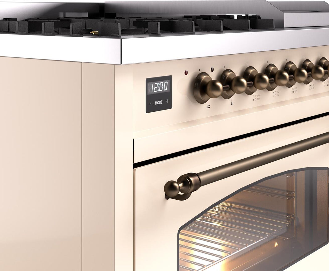 ILVE Nostalgie II 48-Inch Dual Fuel Freestanding Range in Antique White with Bronze Trim (UP48FNMPAWB)