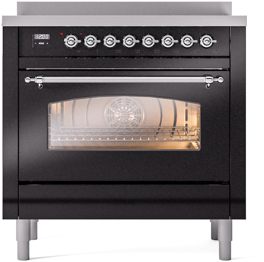 ILVE Nostalgie II 36-Inch Freestanding Electric Induction Range in Glossy Black with Chrome Trim (UPI366NMPBKC)