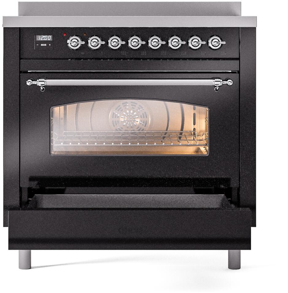 ILVE Nostalgie II 36-Inch Freestanding Electric Induction Range in Glossy Black with Chrome Trim (UPI366NMPBKC)