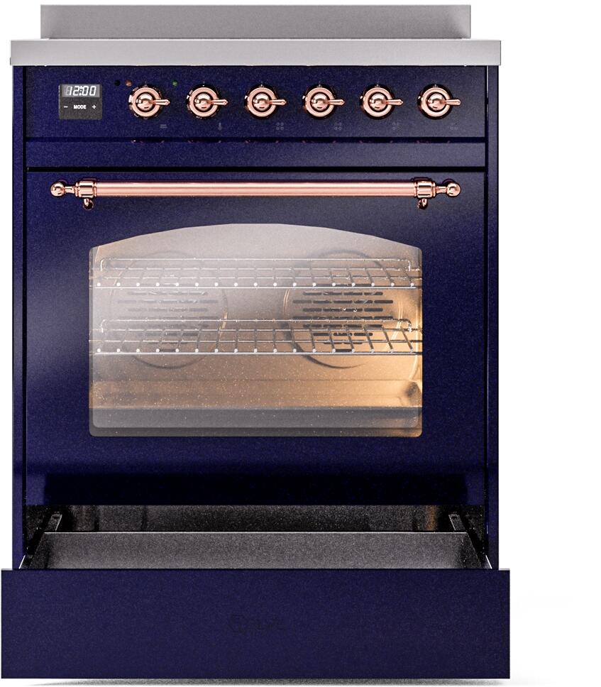 ILVE Nostalgie II 30-Inch Freestanding Electric Induction Range in Midnight Blue with Copper Trim (UPI304NMPMBP)