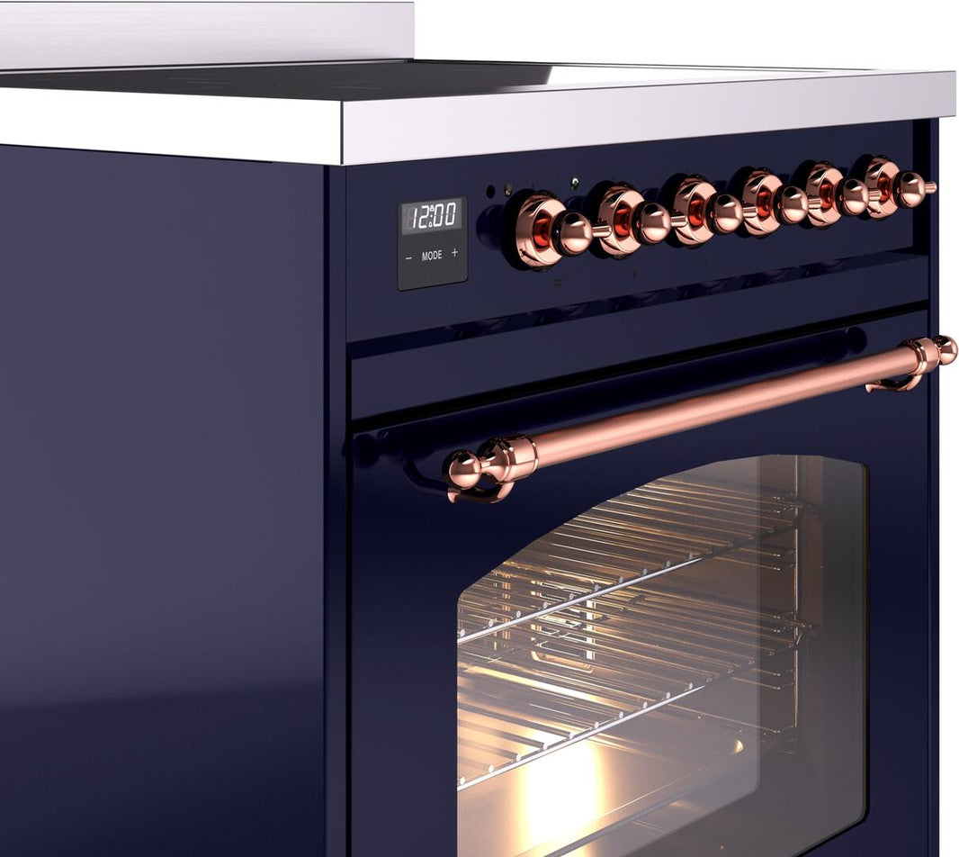 ILVE Nostalgie II 30-Inch Freestanding Electric Induction Range in Midnight Blue with Copper Trim (UPI304NMPMBP)