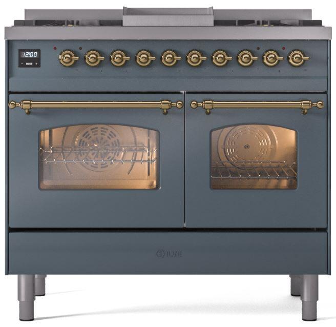 ILVE Nostalgie II 40-Inch Dual Fuel Freestanding Range in Blue Grey with Brass Trim (UPD40FNMPBGG)