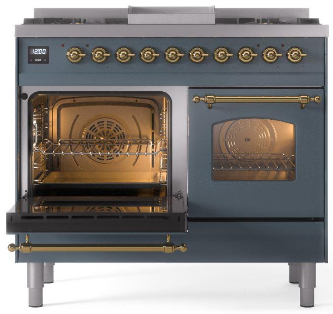 ILVE Nostalgie II 40-Inch Dual Fuel Freestanding Range in Blue Grey with Brass Trim (UPD40FNMPBGG)