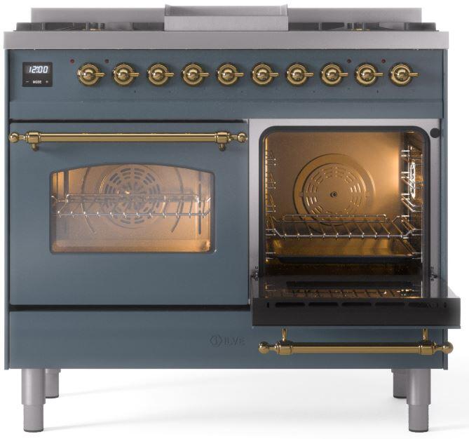 ILVE Nostalgie II 40-Inch Dual Fuel Freestanding Range in Blue Grey with Brass Trim (UPD40FNMPBGG)