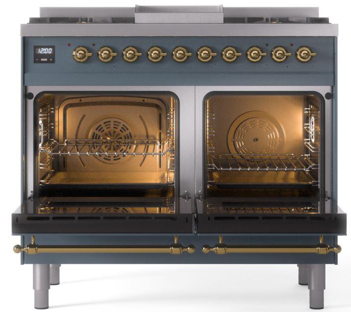 ILVE Nostalgie II 40-Inch Dual Fuel Freestanding Range in Blue Grey with Brass Trim (UPD40FNMPBGG)