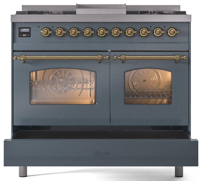 ILVE Nostalgie II 40-Inch Dual Fuel Freestanding Range in Blue Grey with Brass Trim (UPD40FNMPBGG)