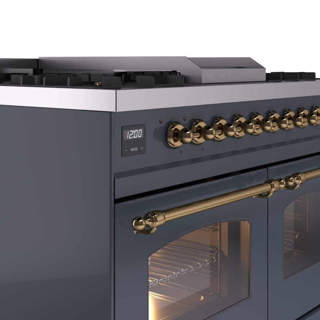 ILVE Nostalgie II 40-Inch Dual Fuel Freestanding Range in Blue Grey with Brass Trim (UPD40FNMPBGG)