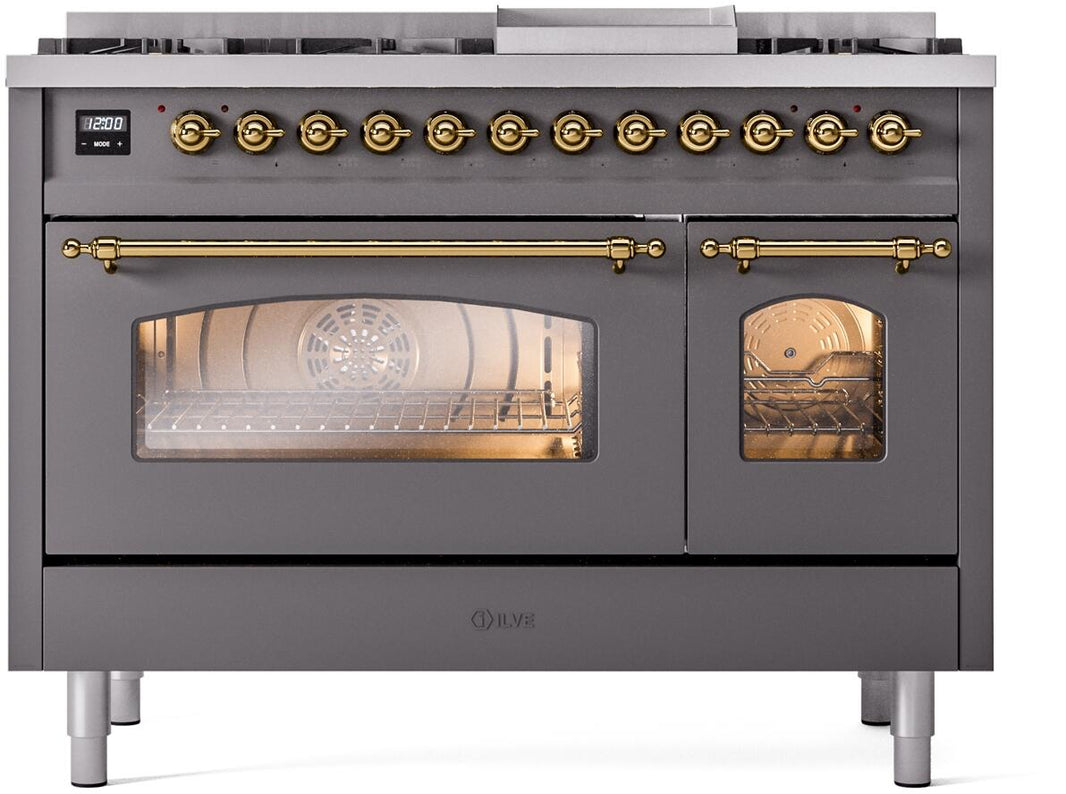 ILVE Nostalgie II 48-Inch Dual Fuel Freestanding Range in Matte Graphite with Brass Trim (UP48FNMPMGG)