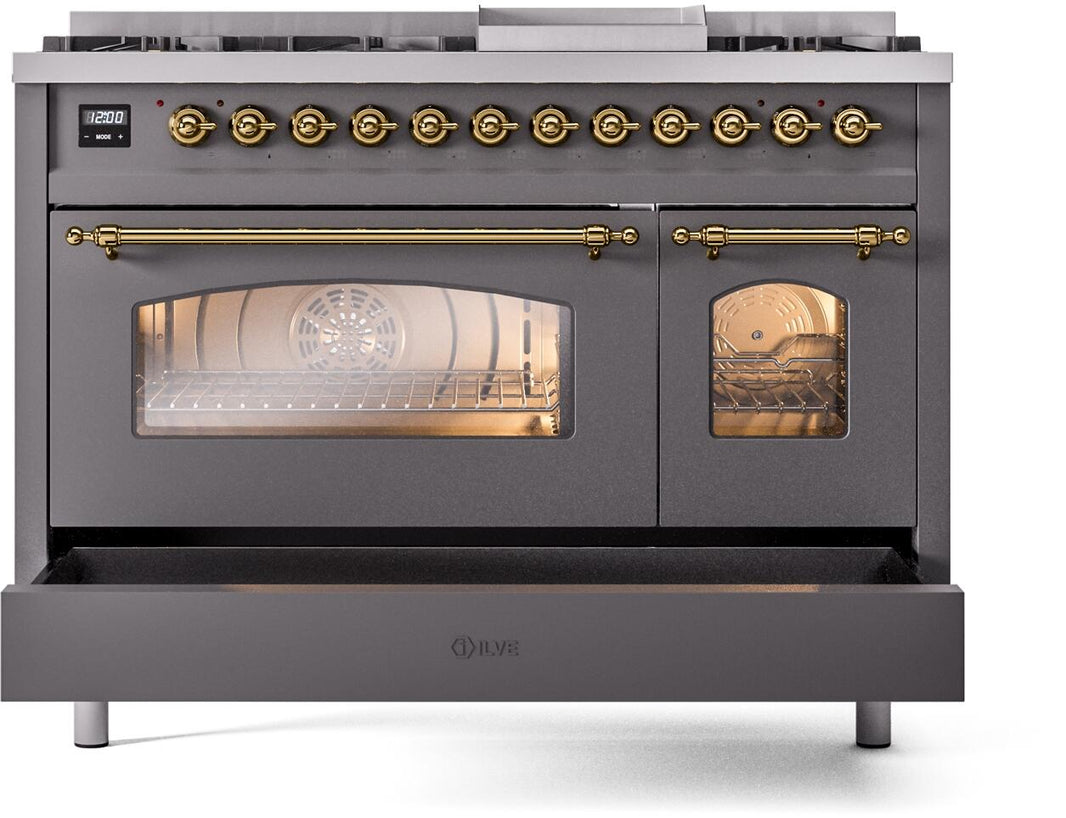 ILVE Nostalgie II 48-Inch Dual Fuel Freestanding Range in Matte Graphite with Brass Trim (UP48FNMPMGG)