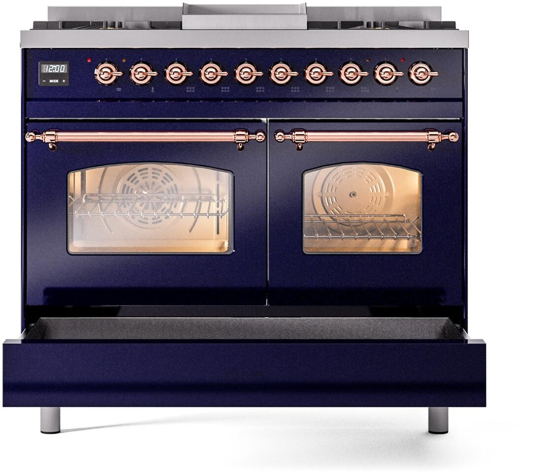 ILVE Nostalgie II 40-Inch Dual Fuel Freestanding Range in Midnight Blue with Copper Trim (UPD40FNMPMBP)