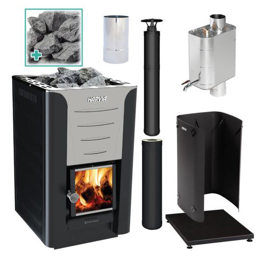 Harvia Pro 20 24kW Deluxe Wood Burning Stove Kit in Black Stainless (PROD20BKPKG)