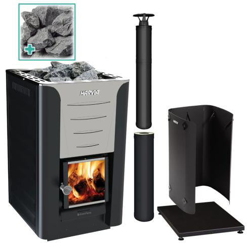 Harvia PRO 20 24kW Wood Burning Stove Kit in Black Stainless (PROBKPKG)