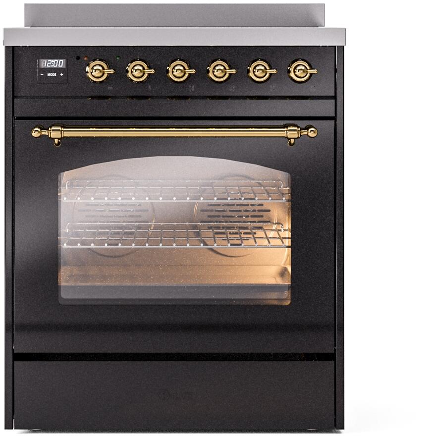 ILVE Nostalgie II 30-Inch Freestanding Electric Induction Range in Glossy Black with Brass Trim (UPI304NMPBKG)