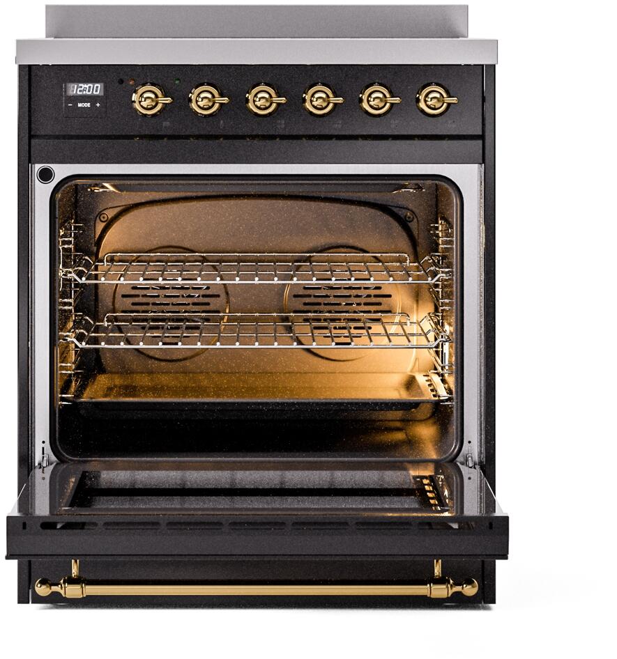 ILVE Nostalgie II 30-Inch Freestanding Electric Induction Range in Glossy Black with Brass Trim (UPI304NMPBKG)