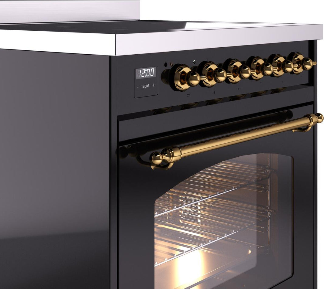 ILVE Nostalgie II 30-Inch Freestanding Electric Induction Range in Glossy Black with Brass Trim (UPI304NMPBKG)