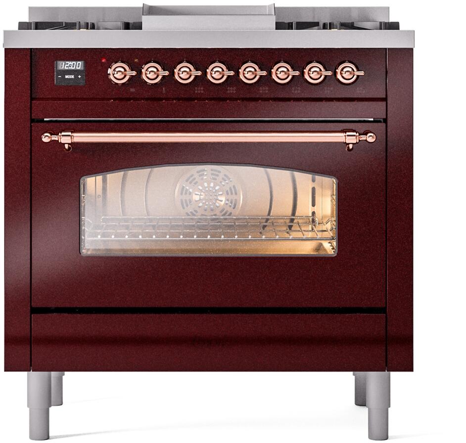 ILVE Nostalgie II 36-Inch Dual Fuel Freestanding Range in Burgundy with Copper Trim (UP36FNMPBUP)