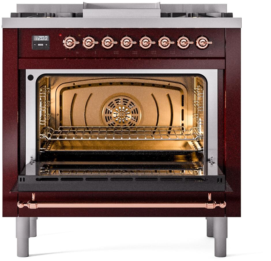 ILVE Nostalgie II 36-Inch Dual Fuel Freestanding Range in Burgundy with Copper Trim (UP36FNMPBUP)