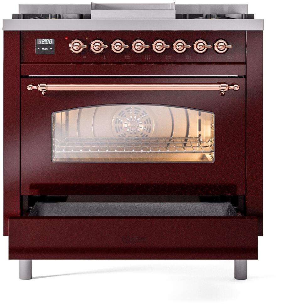 ILVE Nostalgie II 36-Inch Dual Fuel Freestanding Range in Burgundy with Copper Trim (UP36FNMPBUP)