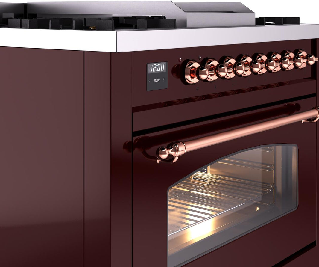 ILVE Nostalgie II 36-Inch Dual Fuel Freestanding Range in Burgundy with Copper Trim (UP36FNMPBUP)